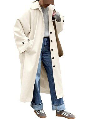 Women's Cream Oversized Windproof Single-Breasted Lapel Fall Duster Trench Coat